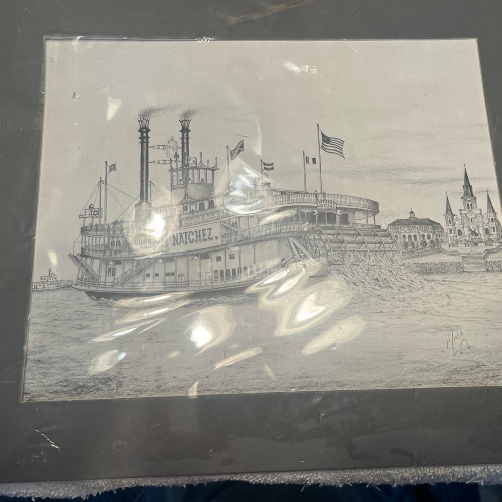 Vintage Steamboat Natchez Pencil Art Print - Black and White